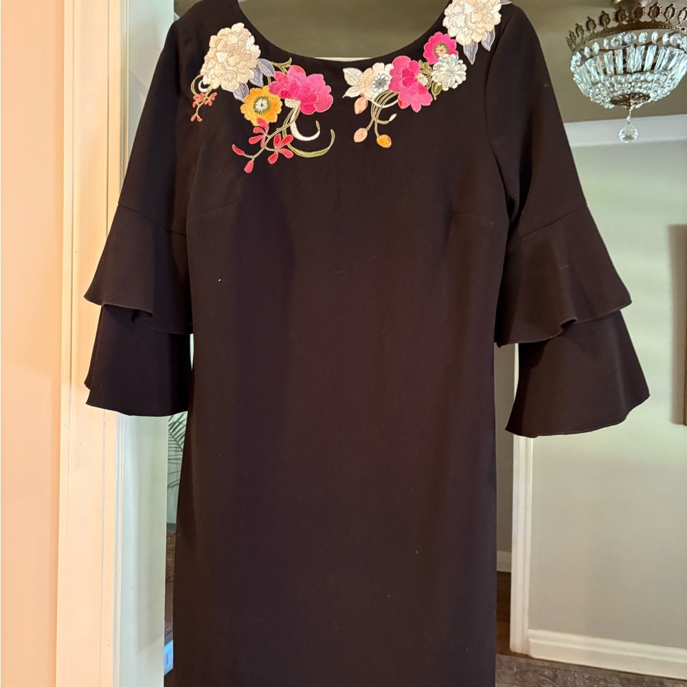 Trina Turk Brown Embellished Sheath Dress with Bell Sleeves